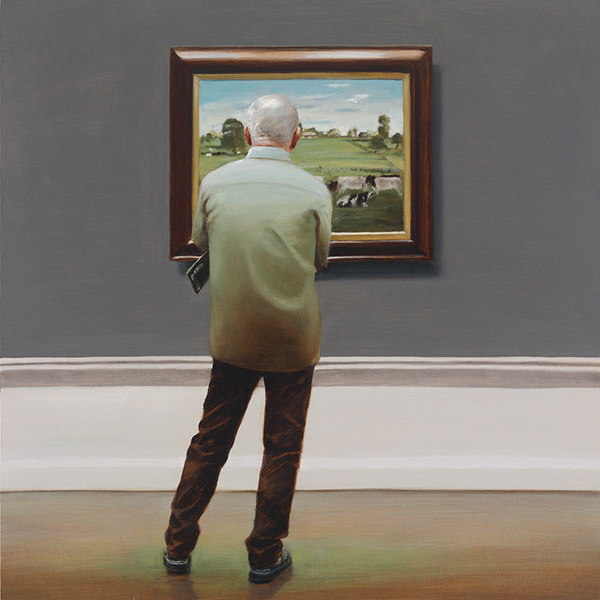 Painting of man standing in front of a painting in a gallery.