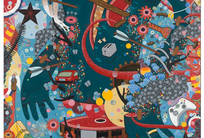 Painting of many objects entering dark teal stylised human body, including arrows, flowers, red car, butterflies, diamonds and toaster.