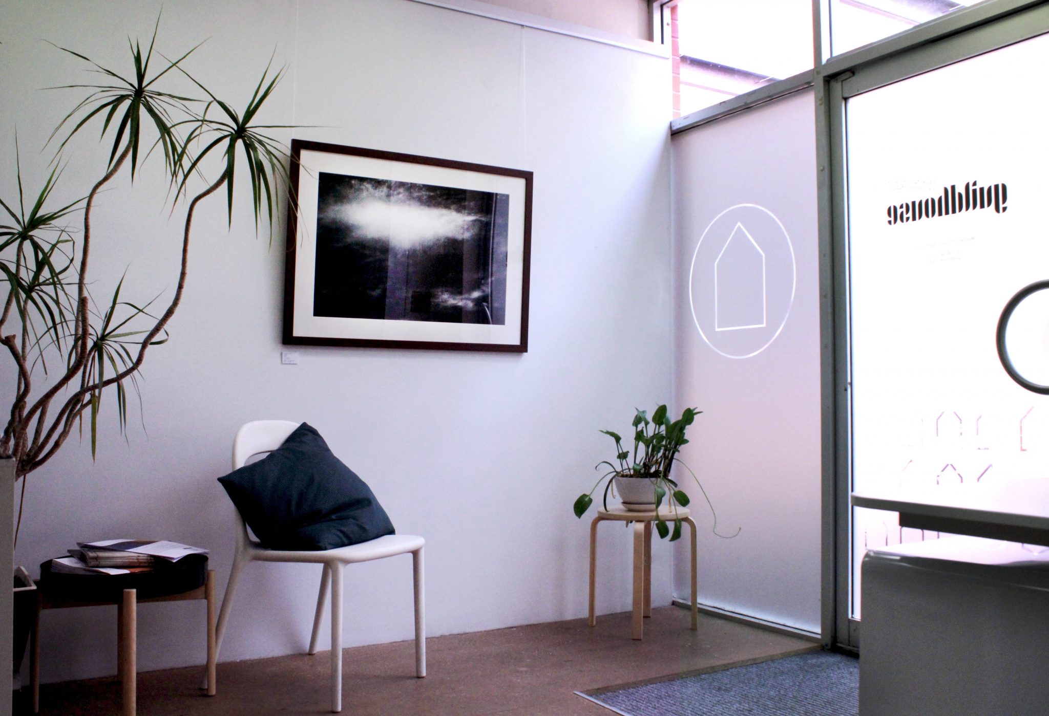 A photograph of the Guildhouse office space, with plants in the left and right side of the image, with a dark artwork in the centre