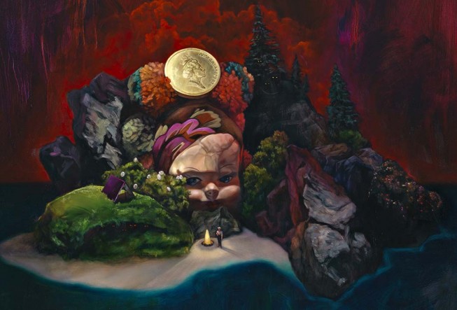 Painting of small figure standing next to a fire on an island, overlooked by a large dolls head, gold coin, trees, rocks and tent.