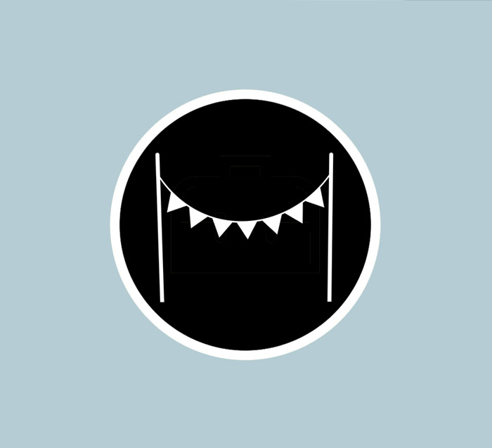 Simple black and white bunting logo, with a blue background