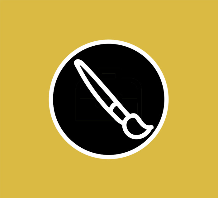 Simple black and white paintbrush logo, with a yellow background