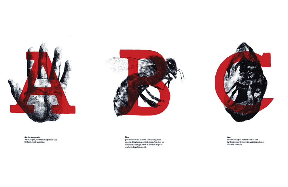 Letters A, B and in red with a hand, bee and piece of coal superimposed on them.