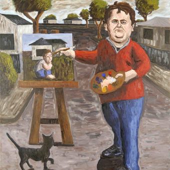 A painting by Tom Phillips of a man painting another portrait, while a cat looks up at the work