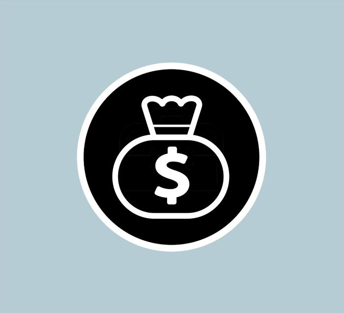 Simple black and white money bag logo, with a blue background