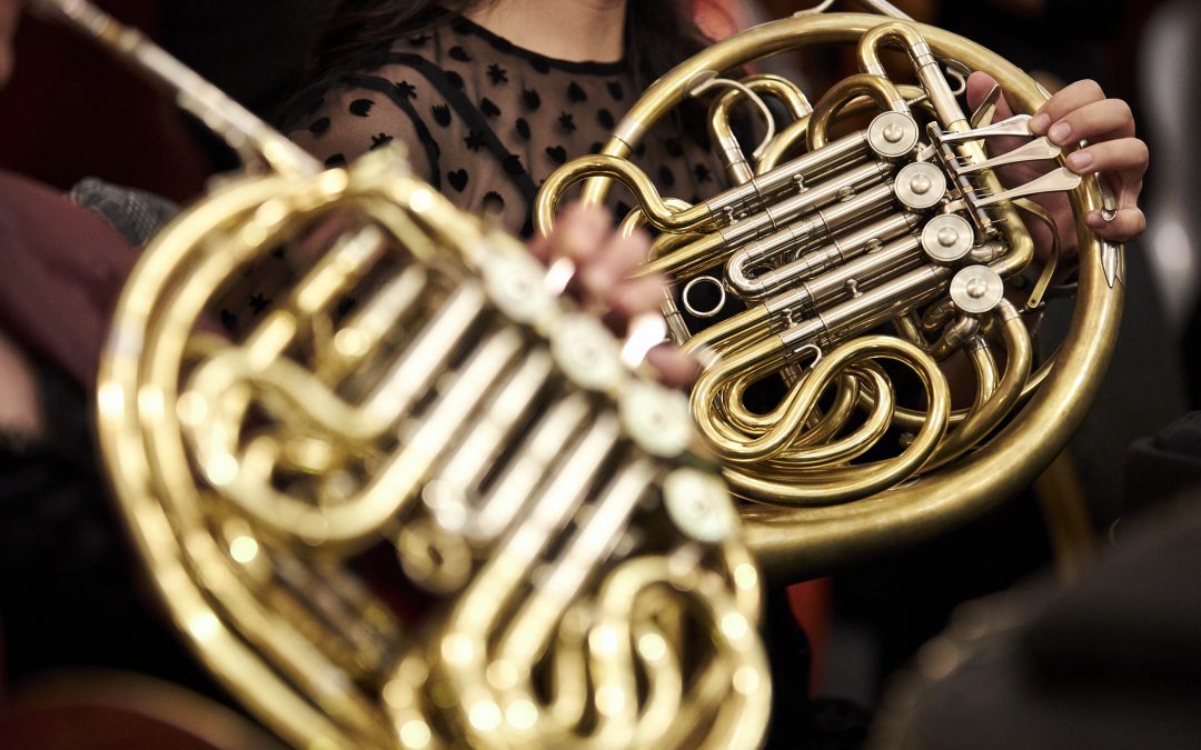 Two French horns being played. One in focus, the other out of focus.