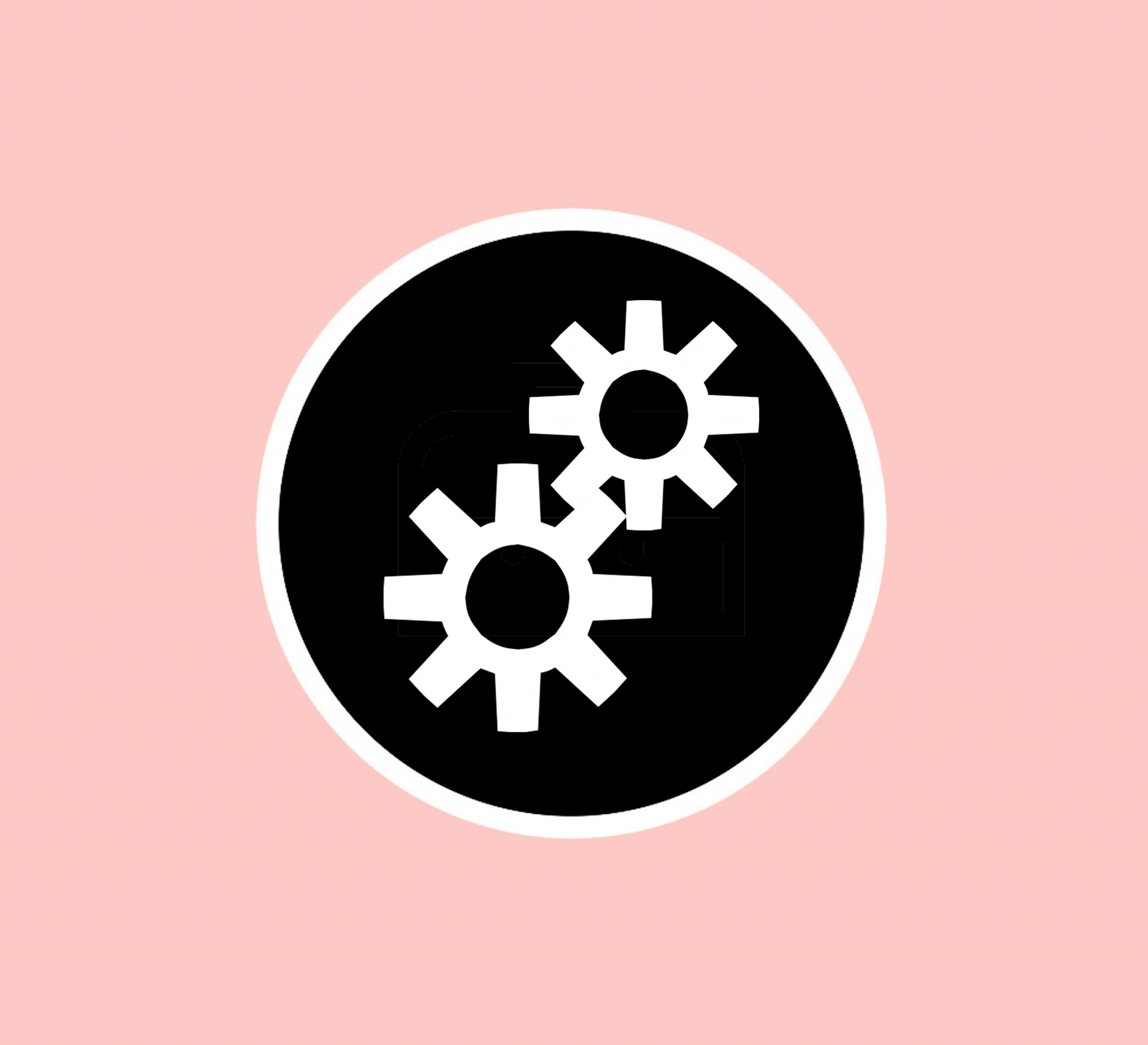 Simple black and white logo of two cogs, with a pink background